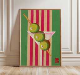 Retro Martini Wall Art, Mid Century Cocktail Poster, Modern Bar Print With Olives, Vintage Drink Illustration in Bold Red & Green - thumbnail 1