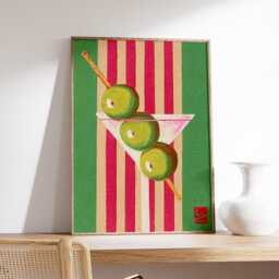 Retro Martini Wall Art, Mid Century Cocktail Poster, Modern Bar Print With Olives, Vintage Drink Illustration in Bold Red & Green - thumbnail 2