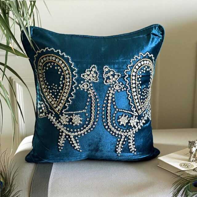Blue Velvet Crystal Embroidered Bird Pattern Traditional Art Deco Throw Pillow Cover - Peacock - image 1