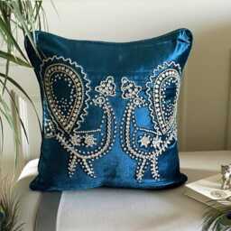 Blue Velvet Crystal Embroidered Bird Pattern Traditional Art Deco Throw Pillow Cover - Peacock - thumbnail 1