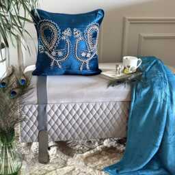 Blue Velvet Crystal Embroidered Bird Pattern Traditional Art Deco Throw Pillow Cover - Peacock - thumbnail 2