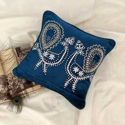 Blue Velvet Crystal Embroidered Bird Pattern Traditional Art Deco Throw Pillow Cover - Peacock - thumbnail 3