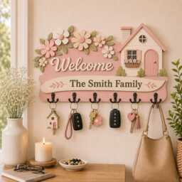 Personalized Wooden Key Holder, Custom Family Name Sign, Pink Cottage Hanger, Floral Entryway Decor, Housewarming Gift