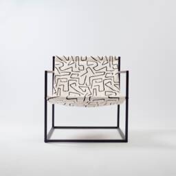 Midcentury Modern Accent Chair Black Steel Frame, Patterned Jacquard Sling
