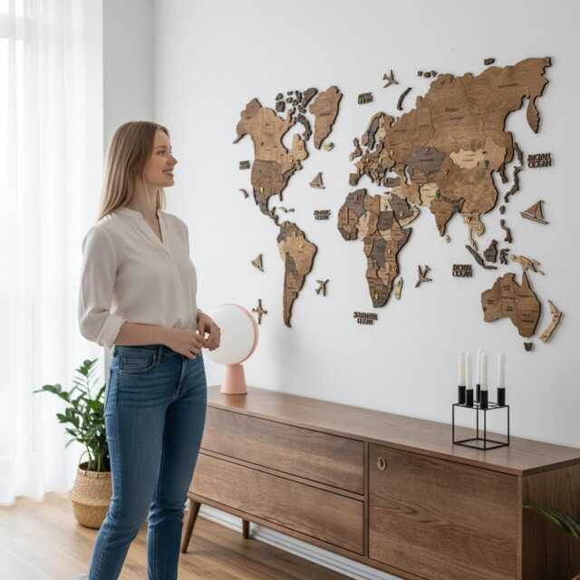 Wooden World Map Wall Art Push Pin Travel Housewarming Gift Decor Anniversary For Husband Birthday Home Decor - image 1