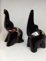 Three, Hand Carved Obsidian Elephants Decorated With Semi-Precious Stones - thumbnail 1