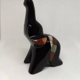 Three, Hand Carved Obsidian Elephants Decorated With Semi-Precious Stones - thumbnail 3