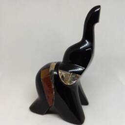 Three, Hand Carved Obsidian Elephants Decorated With Semi-Precious Stones - thumbnail 4