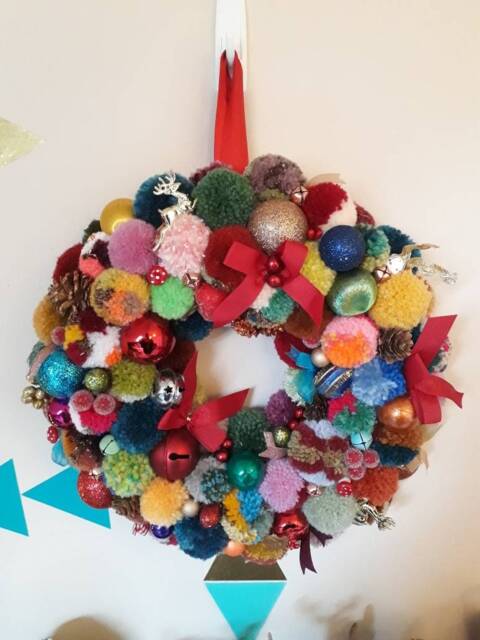 Christmas, Yule Or Winter Pompom Wreath. 350mm Diameter. A Glitzy, Glamorous, Unique Hand-Made Decoration. Wreath #3 - image 1