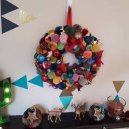 Christmas, Yule Or Winter Pompom Wreath. 350mm Diameter. A Glitzy, Glamorous, Unique Hand-Made Decoration. Wreath #3 - thumbnail 2