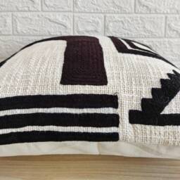 Black & Off White Embroidered Textured 100% Raw Cotton 14x20, 18x18 , 20x20 22x22 24x24 Inches Decorative Throw Pillow Cover - thumbnail 2