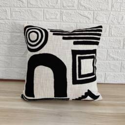 Black & Off White Embroidered Textured 100% Raw Cotton 14x20, 18x18 , 20x20 22x22 24x24 Inches Decorative Throw Pillow Cover - thumbnail 1