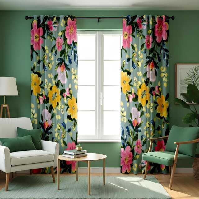 Vibrant Watercolor Floral Curtains, Bold Yellow & Pink Flower Pattern Drapes, Colorful Botanical Window Panels - image 1