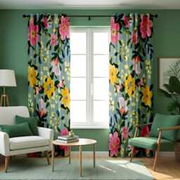 Vibrant Watercolor Floral Curtains, Bold Yellow & Pink Flower Pattern Drapes, Colorful Botanical Window Panels - thumbnail 1