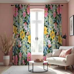 Vibrant Watercolor Floral Curtains, Bold Yellow & Pink Flower Pattern Drapes, Colorful Botanical Window Panels - thumbnail 2