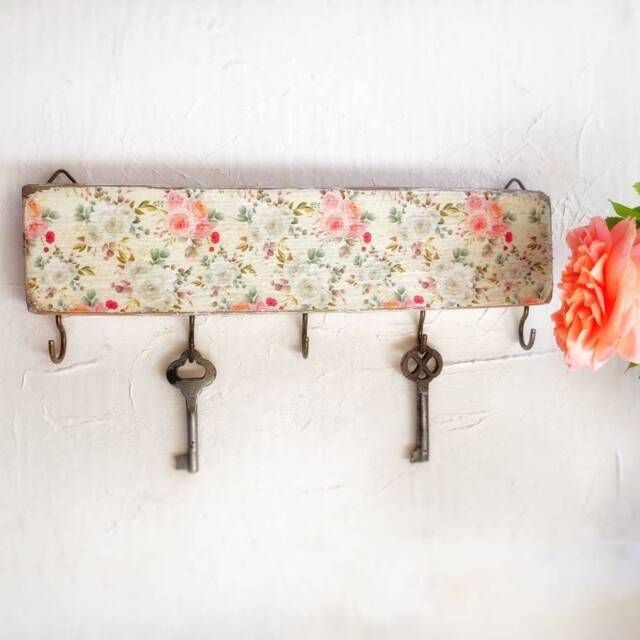 Wooden Key Holder For A Wall With Flowers, Recycling Wood Floral Entryway Organizer Brass Hooks, Long Rack - image 1