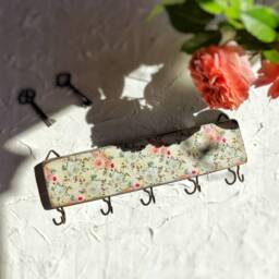 Wooden Key Holder For A Wall With Flowers, Recycling Wood Floral Entryway Organizer Brass Hooks, Long Rack - thumbnail 2