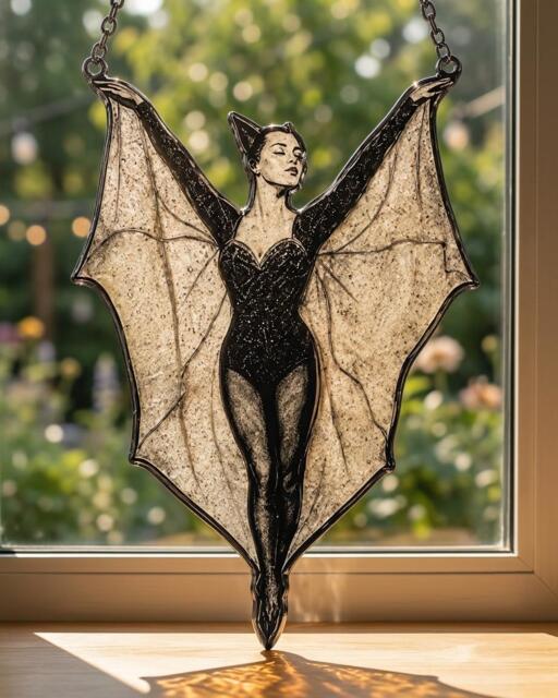 Bat Woman Suncatcher, Gothic Stained Glass Window Hanging, Vampire Lady Decor, Halloween Gift, Dark Feminine Wall Decor - image 1