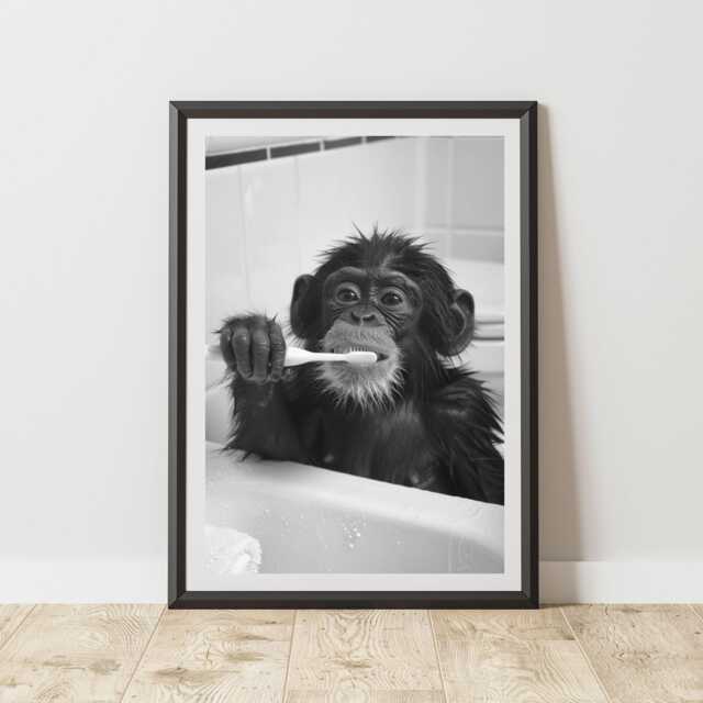 Monkey Print Brushing Teeth Quirky Animal Wall Art Poster Bathroom Or En Suite Humorous Decor - image 1