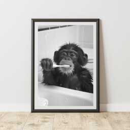 Monkey Print Brushing Teeth Quirky Animal Wall Art Poster Bathroom Or En Suite Humorous Decor - thumbnail 1