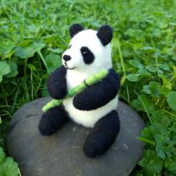 Panda Bear With Bamboo - Needle Felted - thumbnail 3