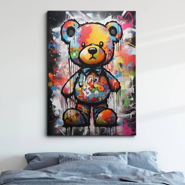 Fun Teddy Bear Graffiti Abstract Modern Oil Painting Wall Art Framed Canvas Poster Print Home Kitchen Office Bedroom Decor Gift For Kids - image 1