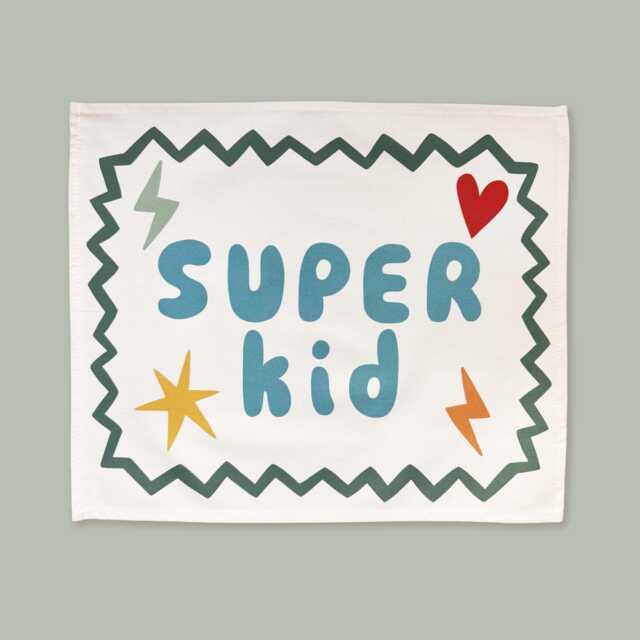 Super Kid in Banner Blue & Green, Organic Cotton Kids Room Decor, Modern Superhero Bedroom Wall Hanging, Nursery Art - image 1