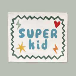 Super Kid in Banner Blue & Green, Organic Cotton Kids Room Decor, Modern Superhero Bedroom Wall Hanging, Nursery Art - thumbnail 1