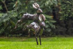 Handcrafted Recycled Metal Leaping Hares Sculpture. Outdoor Sculpture.(Safe Place To Leave Parcel Needed Contact Number Large Box Delivery - thumbnail 1