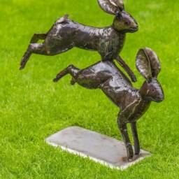 Handcrafted Recycled Metal Leaping Hares Sculpture. Outdoor Sculpture.(Safe Place To Leave Parcel Needed Contact Number Large Box Delivery - thumbnail 2