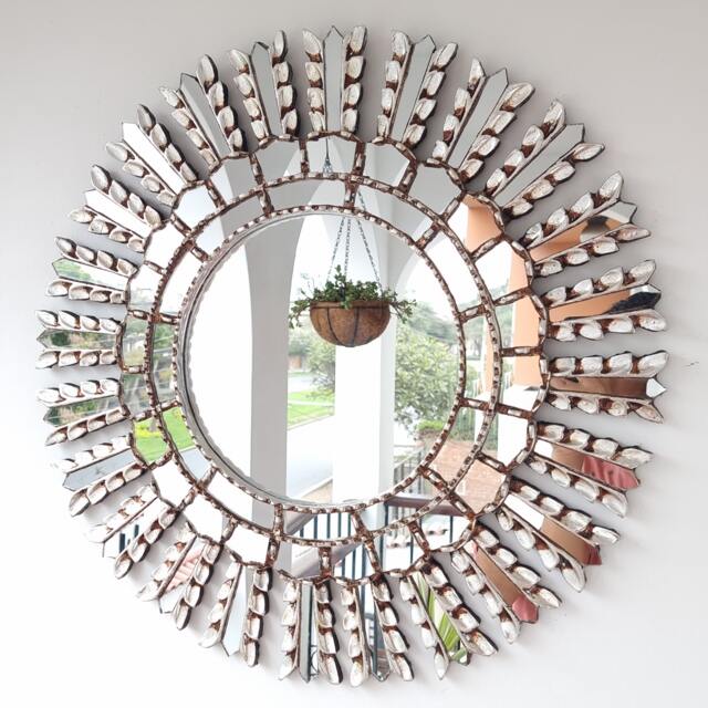Peruvian Leaf Wall Mirror 60 cm Handmade Decor - Carved Wood Round Nature Inspired For Living Room Bedroom Bathroom Entryway - image 1
