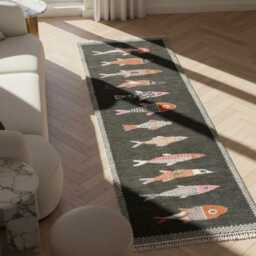Playful Koi Fish Handmade Runner Rug - Coastal Kitchen, Hallway Carpet - thumbnail 4