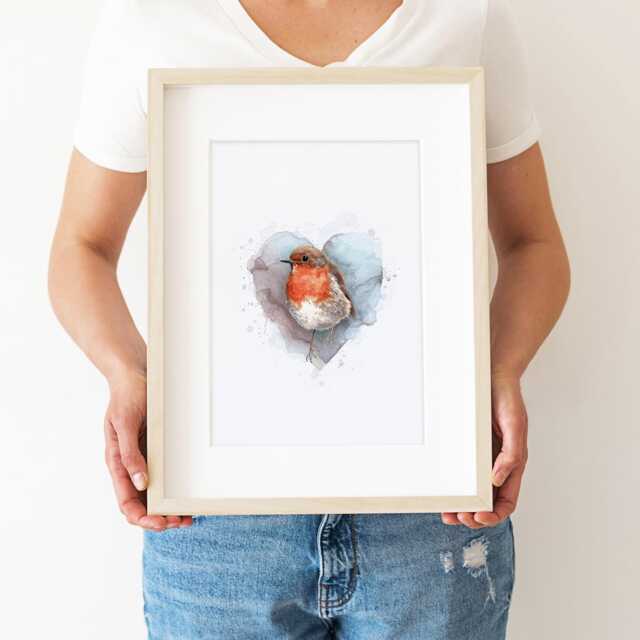 Robin Heart Print, Watercolour Wall Art, Memorial Gift - image 1