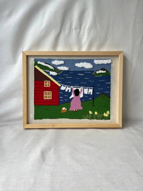 Embroidered Laundry Woman Textile Art Framed Tufted Wall Hanging - image 1