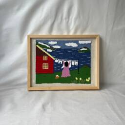 Embroidered Laundry Woman Textile Art Framed Tufted Wall Hanging - thumbnail 4