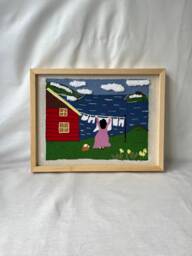 Embroidered Laundry Woman Textile Art Framed Tufted Wall Hanging