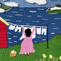 Embroidered Laundry Woman Textile Art Framed Tufted Wall Hanging - thumbnail 2