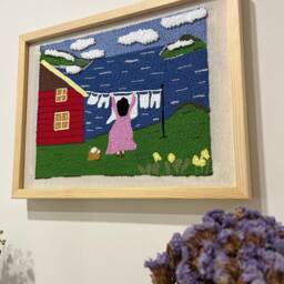 Embroidered Laundry Woman Textile Art Framed Tufted Wall Hanging - thumbnail 3