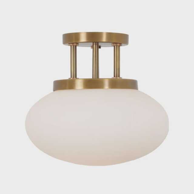 Mid-Century Modern Brass Flush Mount Ceiling Light With Opal Glass Shade - image 1