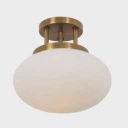 Mid-Century Modern Brass Flush Mount Ceiling Light With Opal Glass Shade - thumbnail 2