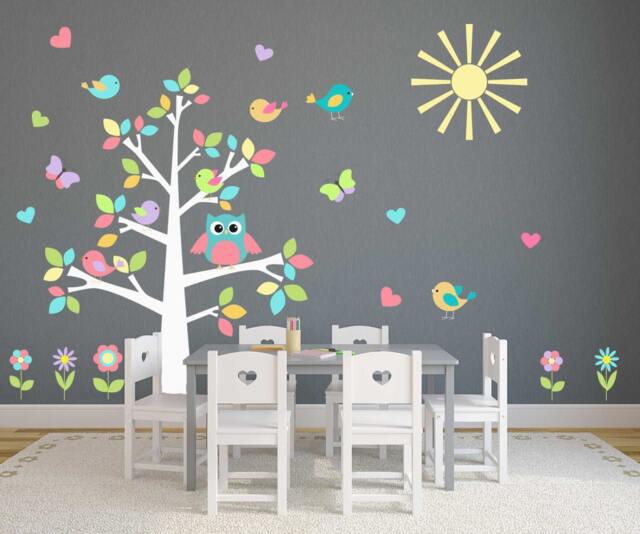 Owl Tree Nursery Decal Pastel Sun Birds Hearts Owls Wall Sticker Set Baby Room Playroom Full Colour
