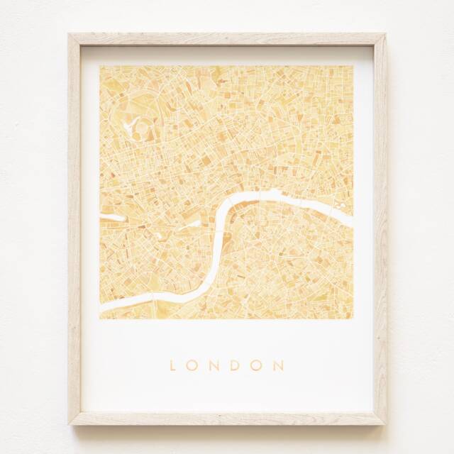 London Map Hand Painted Watercolor Print UK City Block Plan - Art Print Wedding Graduation Travel Gift England Yellow Ochre Grey - image 1