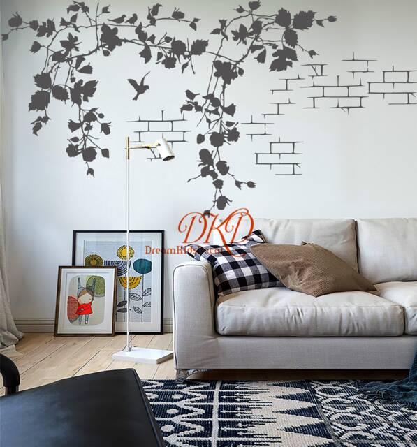 Tree Branch Decal Wall Art With Brick, Decal Ornamental Tendril, Vines Flying Birds, Plants Wall Art Sticker Murals - image 1