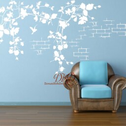 Tree Branch Decal Wall Art With Brick, Decal Ornamental Tendril, Vines Flying Birds, Plants Wall Art Sticker Murals - thumbnail 3