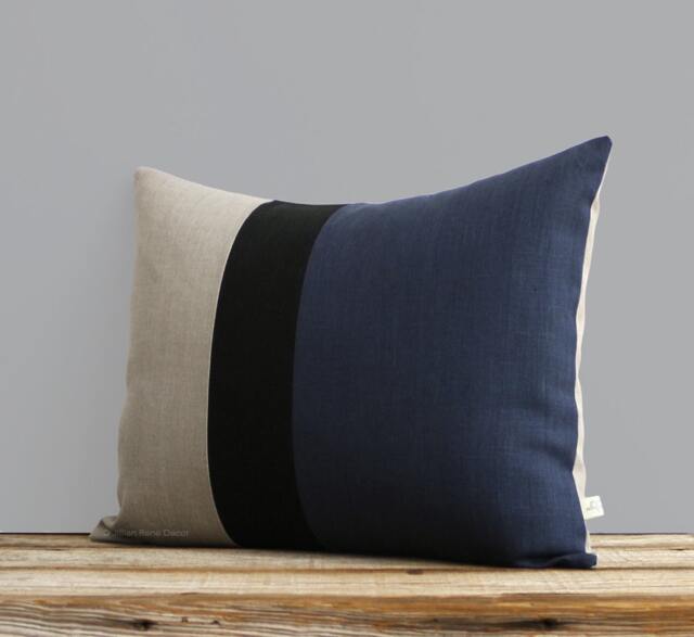 Navy Blue, Black & Natural Linen Colorblock Pillow Cover - 16x20 By Jillianrenedecor, Modern, Masculine Home Decor, Stripe Trio, Stripes - image 1