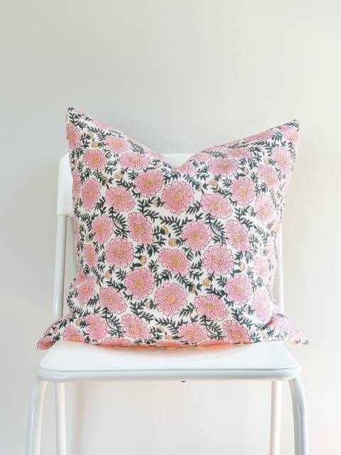 Floral Block Print Pillow Cover Indian Batik Textile, Boho Farmhouse Decor - image 1