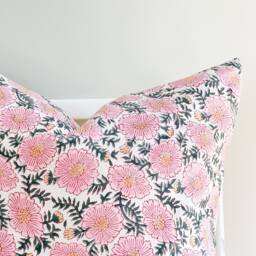Floral Block Print Pillow Cover Indian Batik Textile, Boho Farmhouse Decor - thumbnail 2