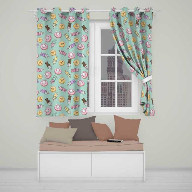 Cute Bunny Ice Cream Donut Chick Kawaii Seamless Pattern Mint Background Readymade Eyelet Ring Top Thermal 100% Blackout Curtains - image 1