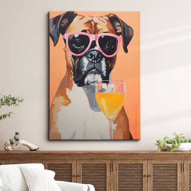 Boxer With Glasses Drinking Fun Animal Pet Home Dog Abstract Wall Art, Framed Canvas Poster Print, Office Room Decor, Gifts - image 1