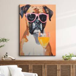 Boxer With Glasses Drinking Fun Animal Pet Home Dog Abstract Wall Art, Framed Canvas Poster Print, Office Room Decor, Gifts - thumbnail 1